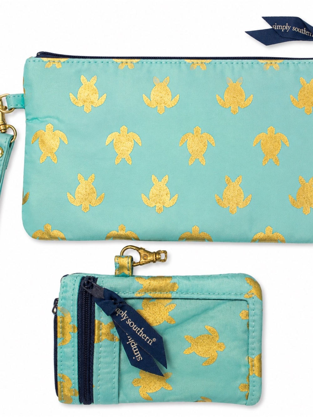 Simply Southern Sea Turtle Wristlet Wallet Aqua & Gold Double Zip Clutch